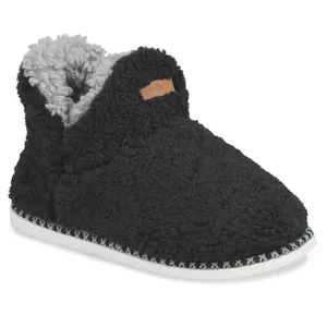 Black sherpa slipper with a gray inner lining and white sole, featuring a small leather tag on the side.