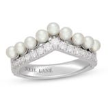 White gold ring with a row of pearls on top and encrusted with small diamonds, featuring the engraving \“NEIL LANE\“ inside the band.