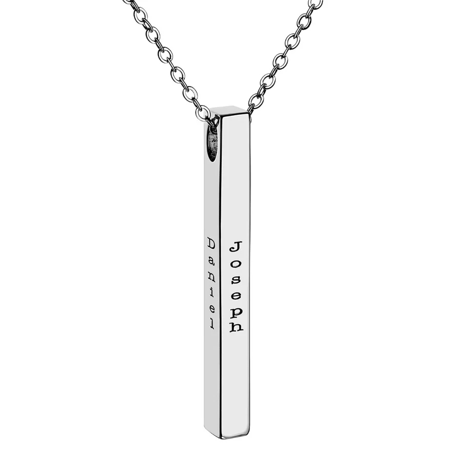 Silver vertical bar necklace with a chain, featuring the engraved names \“Daniel\“ and \“Joseph\“ on adjacent sides.