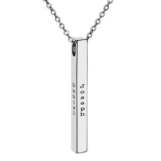 Silver vertical bar necklace with a chain, featuring the engraved names \“Daniel\“ and \“Joseph\“ on adjacent sides.