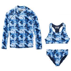 Blue tie-dye swim set including a long-sleeve rash guard, sports bra-style top, and bikini bottom, all featuring a white and blue abstract pattern.