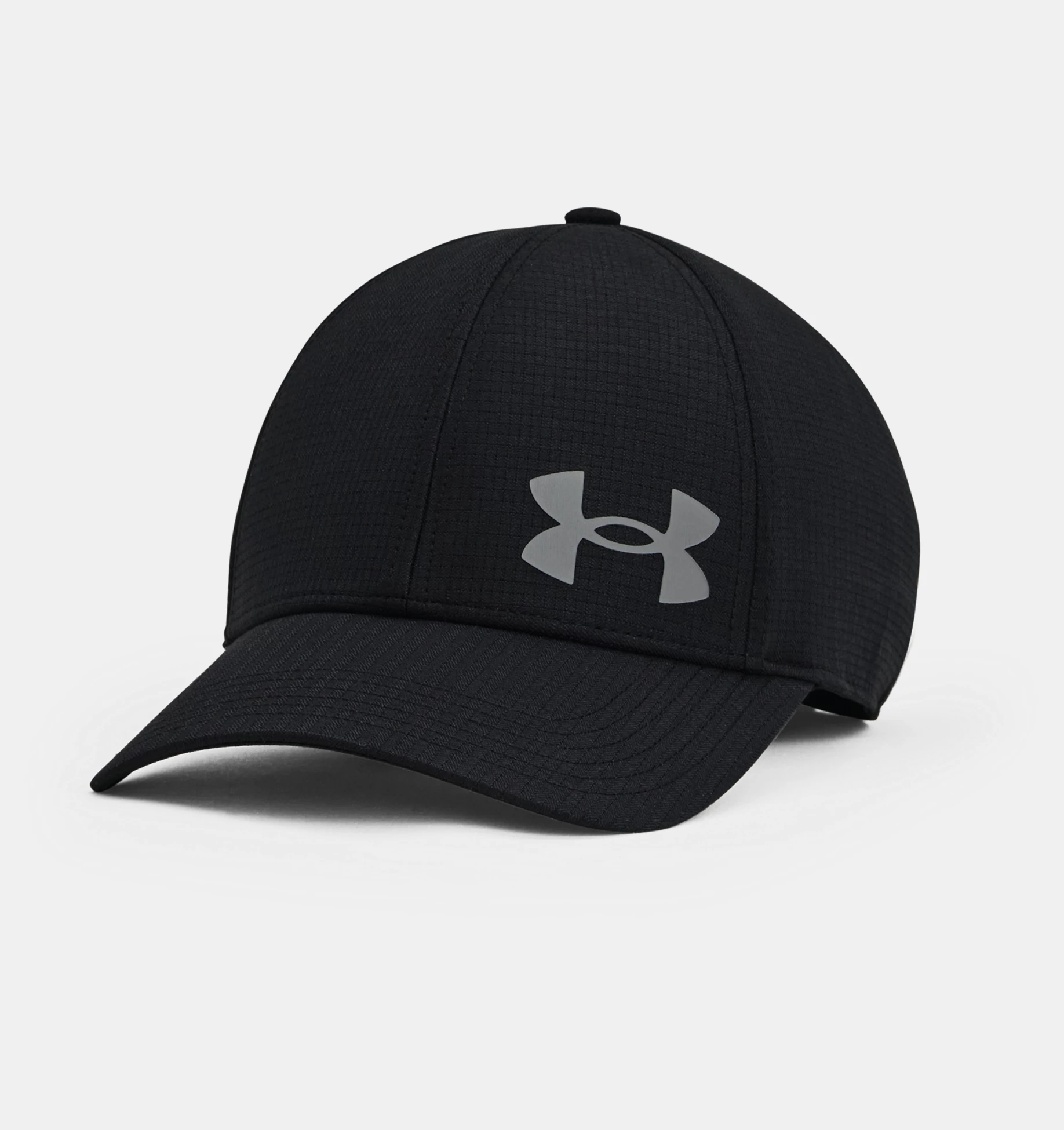 Black baseball cap with a gray logo on the front.