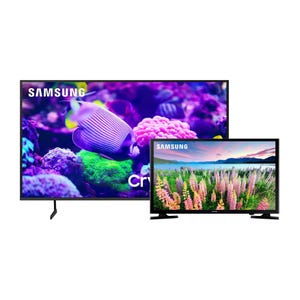Samsung 85\“ Smart TV displays vivid underwater scenes, while the 40\“ Smart TV shows a vibrant landscape. Both have the Samsung logo and showcase colorful, high-resolution images.