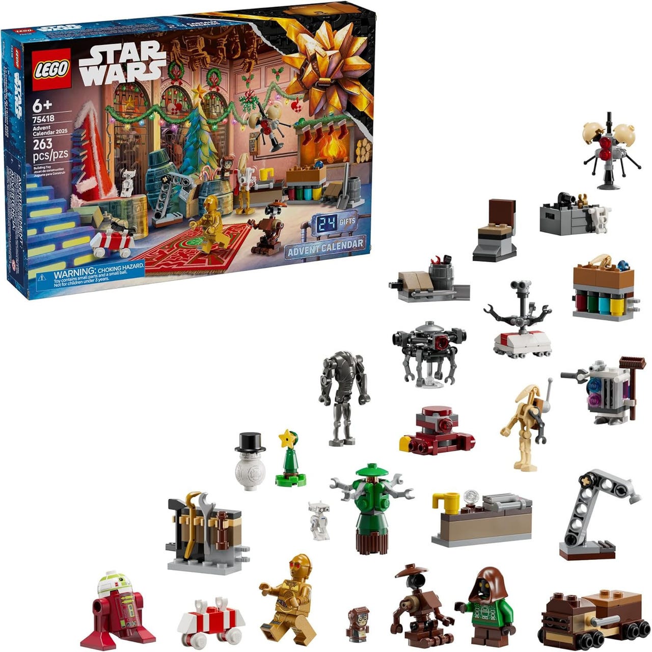 LEGO Star Wars Advent Calendar 2023, featuring 24 mini builds and characters from the Star Wars universe, totaling 263 pieces. Suitable for ages 6 and up.