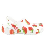 White clogs with a strawberry pattern, featuring a strap around the back for secure fitting.