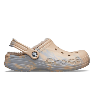 Baya Lined Marbled Clog features a beige and grey marbled design with perforations for breathability, a warm fuzzy lining, adjustable heel strap, and \“Crocs\“ embossed on the side.