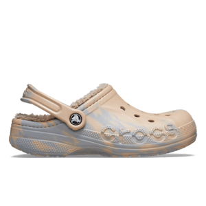 Baya Lined Marbled Clog features a beige and grey marbled design with perforations for breathability, a warm fuzzy lining, adjustable heel strap, and \“Crocs\“ embossed on the side.