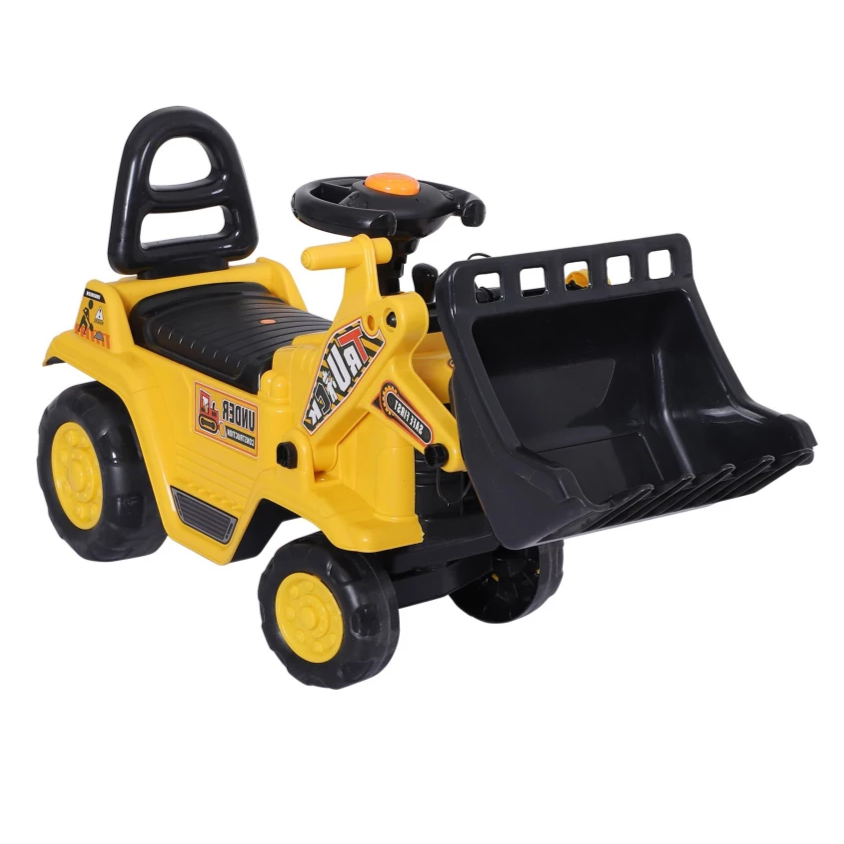 A yellow and black ride-on toy construction vehicle with a steering wheel and a front loader scoop, suitable for young children.