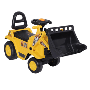 A yellow and black ride-on toy construction vehicle with a steering wheel and a front loader scoop, suitable for young children.