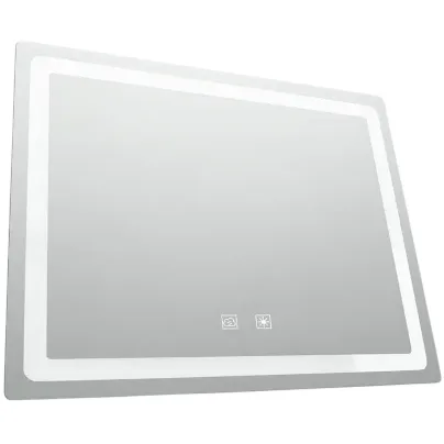 Rectangle LED bathroom mirror with touch controls.