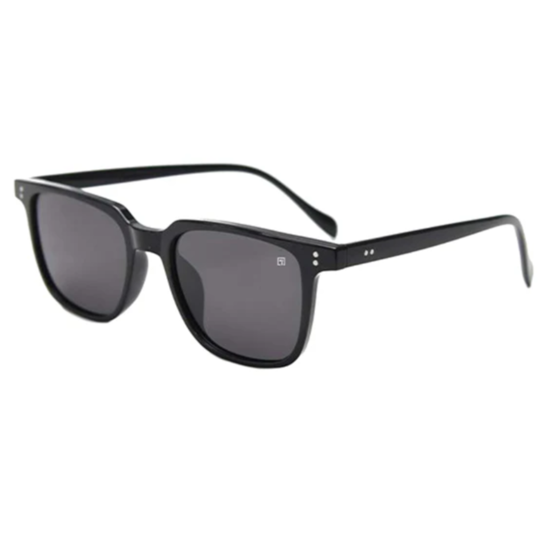 Black square-frame sunglasses with dark lenses and subtle silver detailing on the temples.