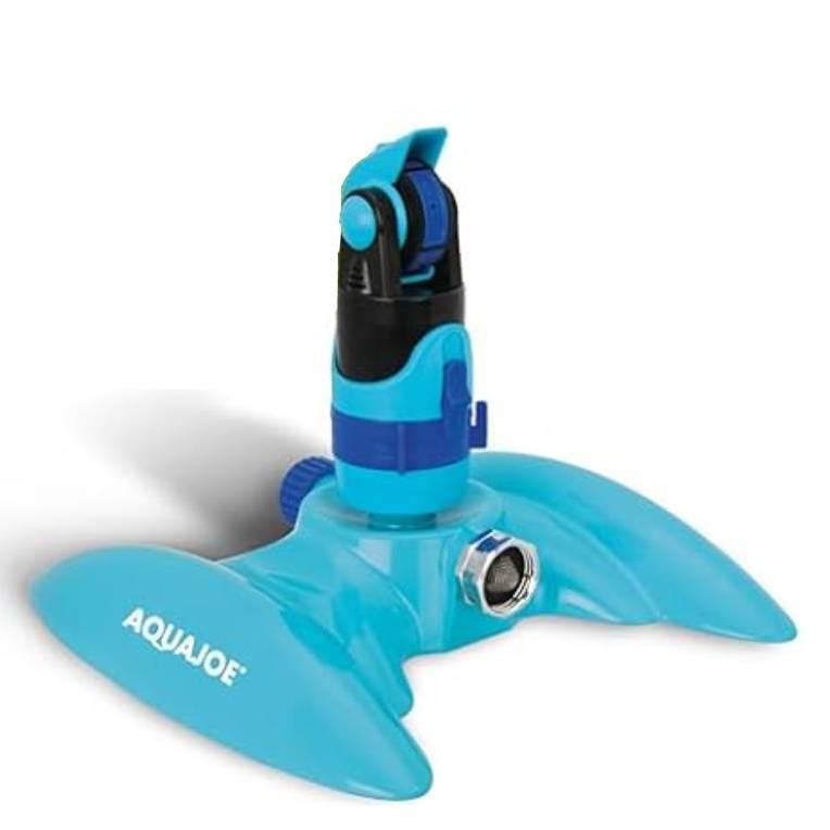 A blue AquaJoe oscillating sprinkler with a tripod-like base and adjustable spray angle, designed for lawn and garden watering.