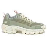 A light green sneaker with a rugged sole, branded with \“CAT,\“ features pink accents and beige laces, designed for casual wear.