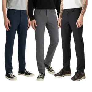 Three pairs of slim-fit men's pants in navy, gray, and black, paired with casual sneakers.