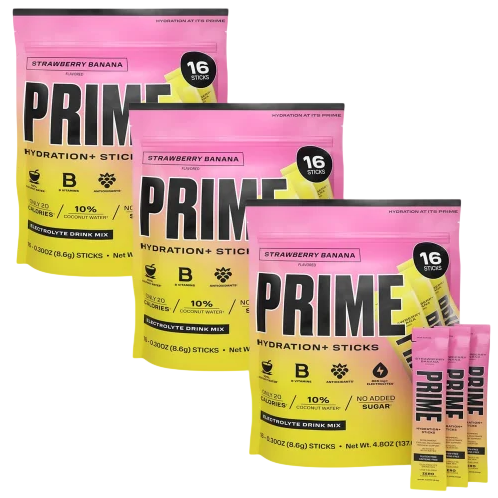 Three packs of Prime Hydration+ Sticks in Strawberry Banana flavor, each containing 16 electrolyte drink mix sticks with coconut water, B vitamins, and no added sugar.