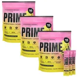 Three packs of Prime Hydration+ Sticks in Strawberry Banana flavor, each containing 16 electrolyte drink mix sticks with coconut water, B vitamins, and no added sugar.