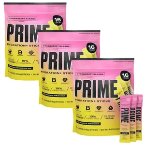 Three packs of Prime Hydration+ Sticks in Strawberry Banana flavor, each containing 16 electrolyte drink mix sticks with coconut water, B vitamins, and no added sugar.