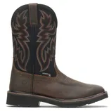 A brown and black waterproof cowboy boot with intricate stitching and a sturdy sole.