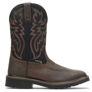 A brown and black waterproof cowboy boot with intricate stitching and a sturdy sole.