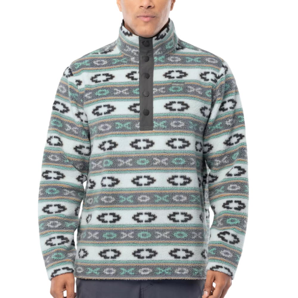 A patterned fleece pullover with a high collar and button placket, featuring a geometric design in shades of gray, teal, and black.
