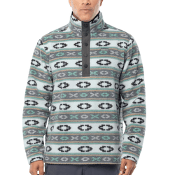 A patterned fleece pullover with a high collar and button placket, featuring a geometric design in shades of gray, teal, and black.