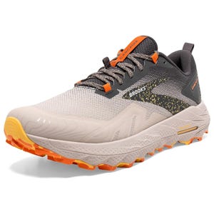 Gray and black running shoe with orange accents and a chunky tread.
