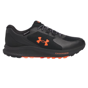 Black trail running shoe with orange accents, featuring a breathable upper, durable sole, and \“Charged\“ cushioning for enhanced performance. The shoe has a visible Under Armour logo and lace-up design.