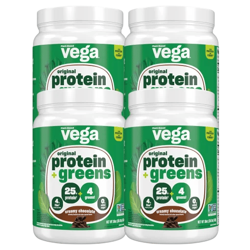 Four containers of Vega Original Protein + Greens in creamy chocolate flavor, each with 25g of protein, 4g of greens, and 0g of sugar.
