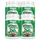 Four containers of Vega Original Protein + Greens in creamy chocolate flavor, each with 25g of protein, 4g of greens, and 0g of sugar.