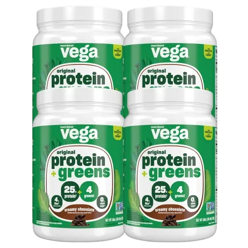 Four containers of Vega Original Protein + Greens in creamy chocolate flavor, each with 25g of protein, 4g of greens, and 0g of sugar.