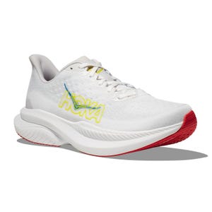 White Hoka running shoe with a thick, cushioned sole, featuring a yellow and blue logo and red outsole detailing.