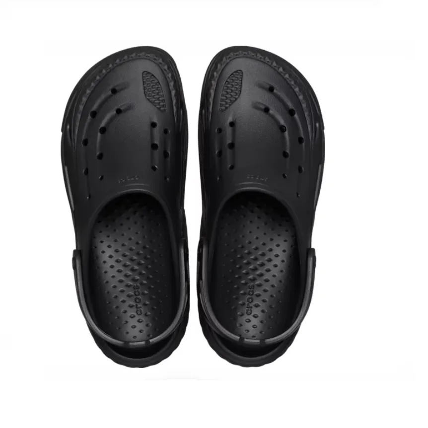A pair of black slip-on clogs with ventilation holes.