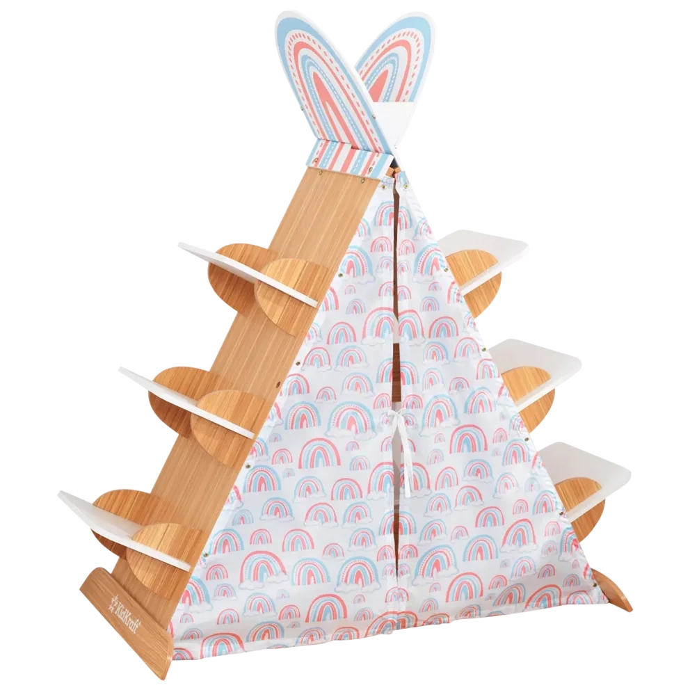 A children's teepee-themed bookshelf with a rainbow pattern and side shelves for book storage.