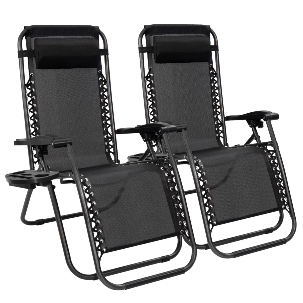 Two black zero gravity lounge chairs with adjustable headrests and attached side trays for holding drinks and small items.