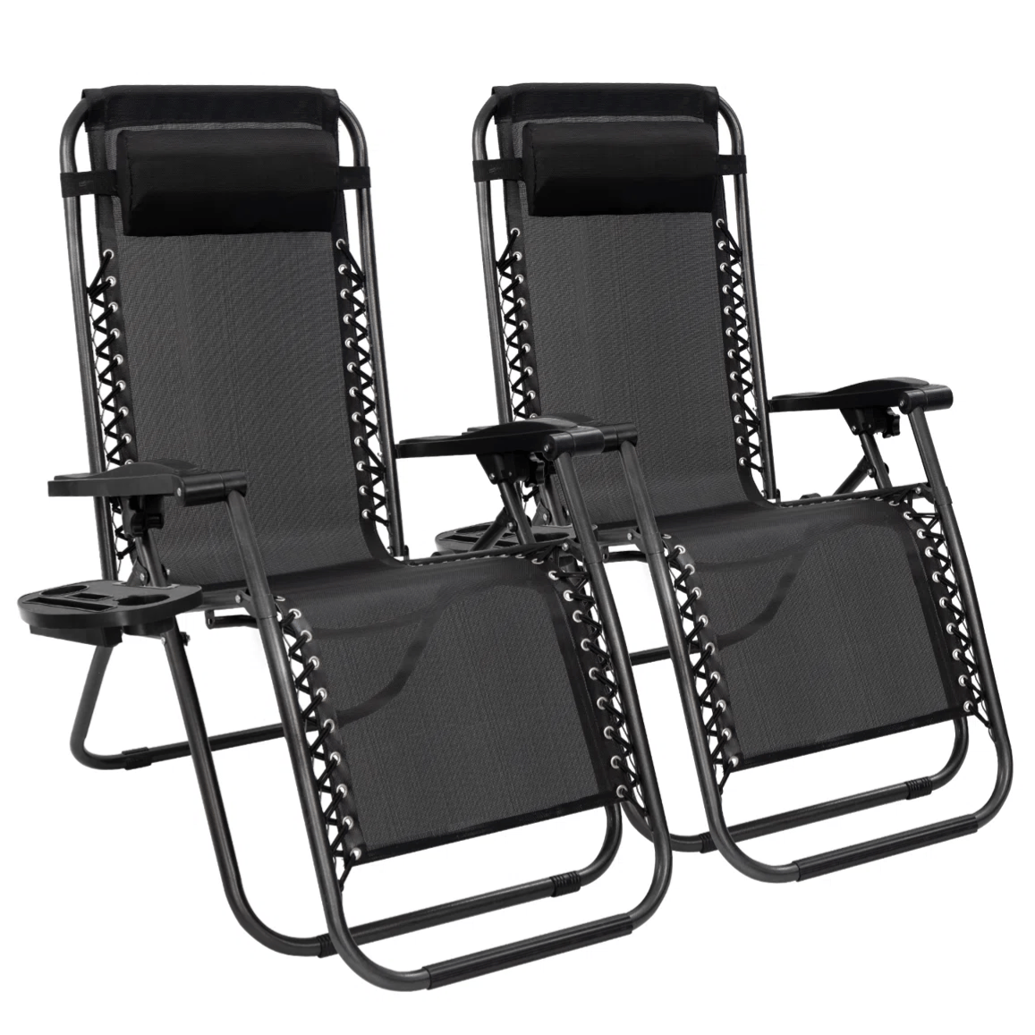 Two black zero gravity lounge chairs with adjustable headrests and attached side trays for holding drinks and small items.
