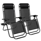 Two black zero gravity lounge chairs with adjustable headrests and attached side trays for holding drinks and small items.