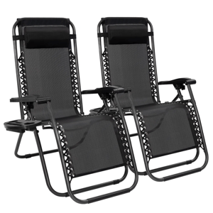 Two black zero gravity lounge chairs with adjustable headrests and attached side trays for holding drinks and small items.