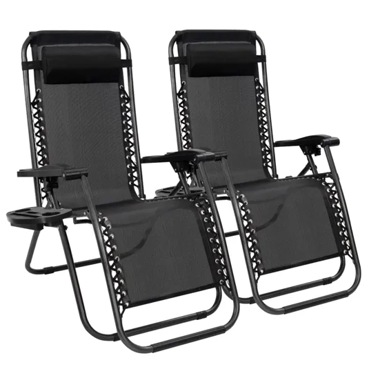 Two black zero gravity lounge chairs with adjustable headrests and attached side trays for holding drinks and small items.