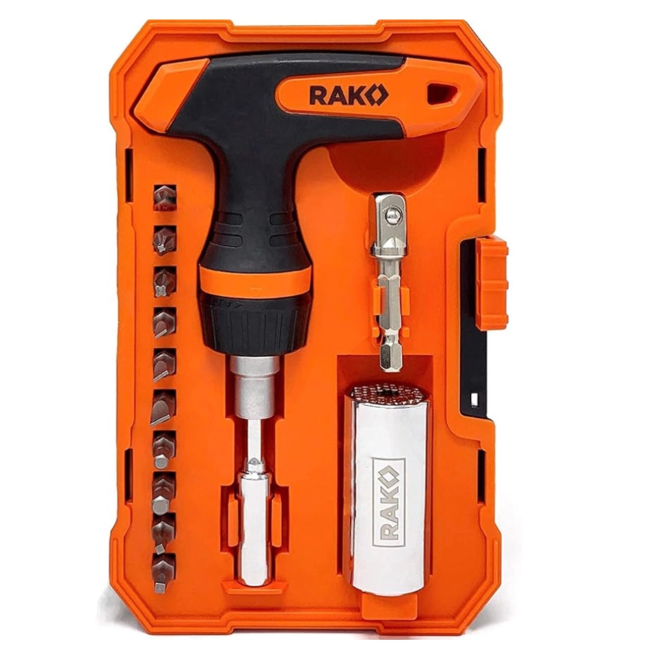 A compact cordless screwdriver set with interchangeable bits housed in an orange case.