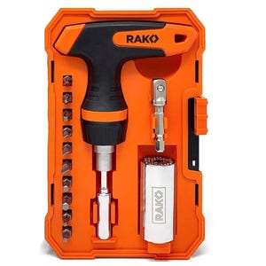A compact cordless screwdriver set with interchangeable bits housed in an orange case.