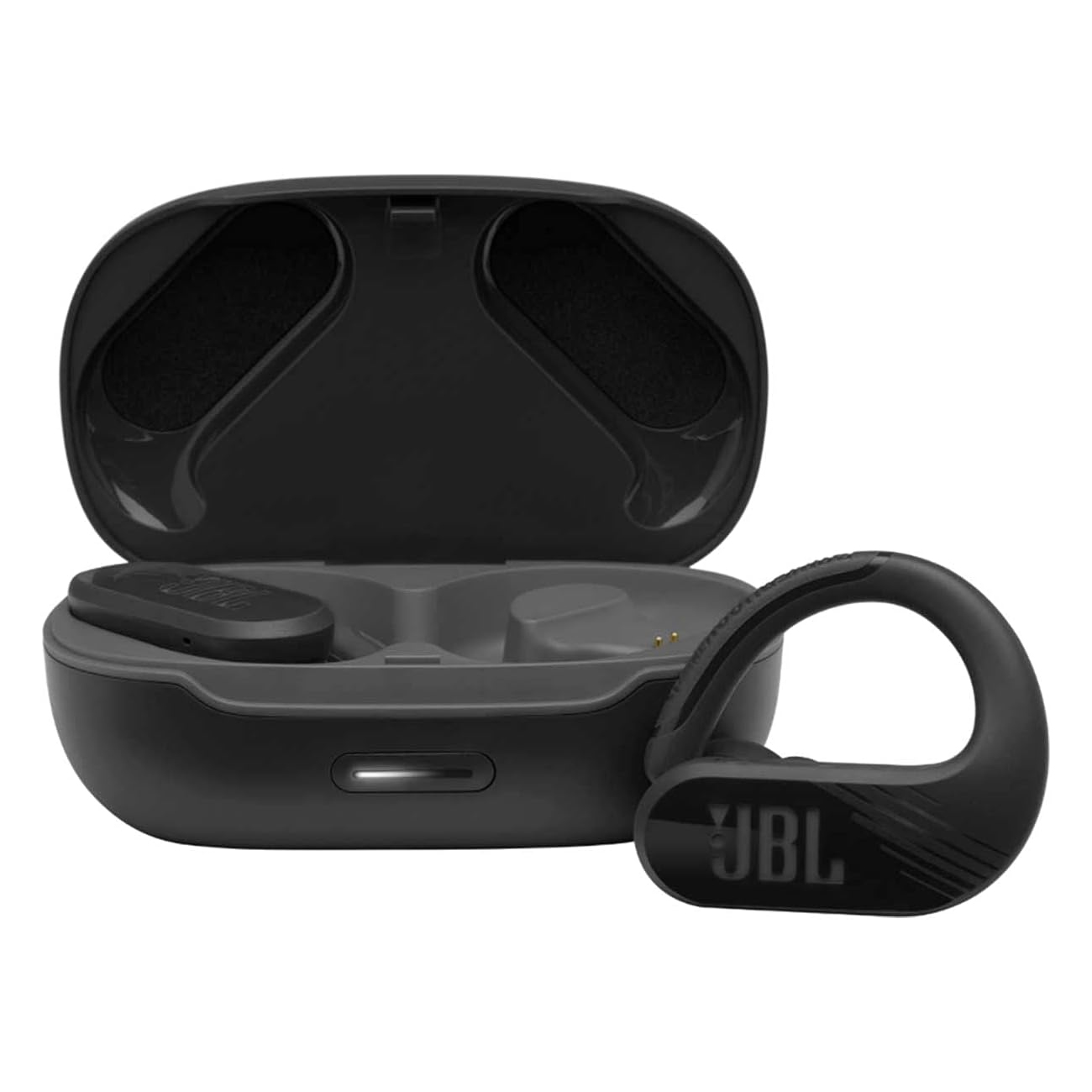 JBL Endurance Peak II earbuds feature a sports design with secure ear hooks and a charging case. They provide a durable and ergonomic fit ideal for active use.
