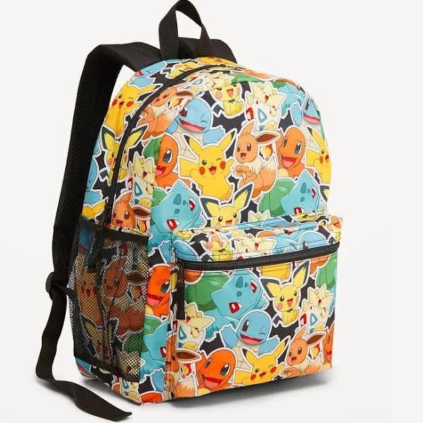 Backpack with colorful Pokémon character print and mesh side pocket.