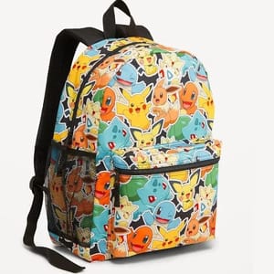 Backpack with colorful Pokémon character print and mesh side pocket.