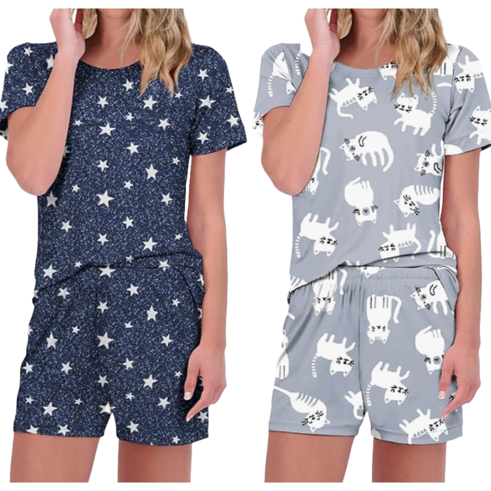 Two sets of women's short-sleeve pajama tops and shorts: one in navy with white stars, and the other in gray with white cat illustrations.