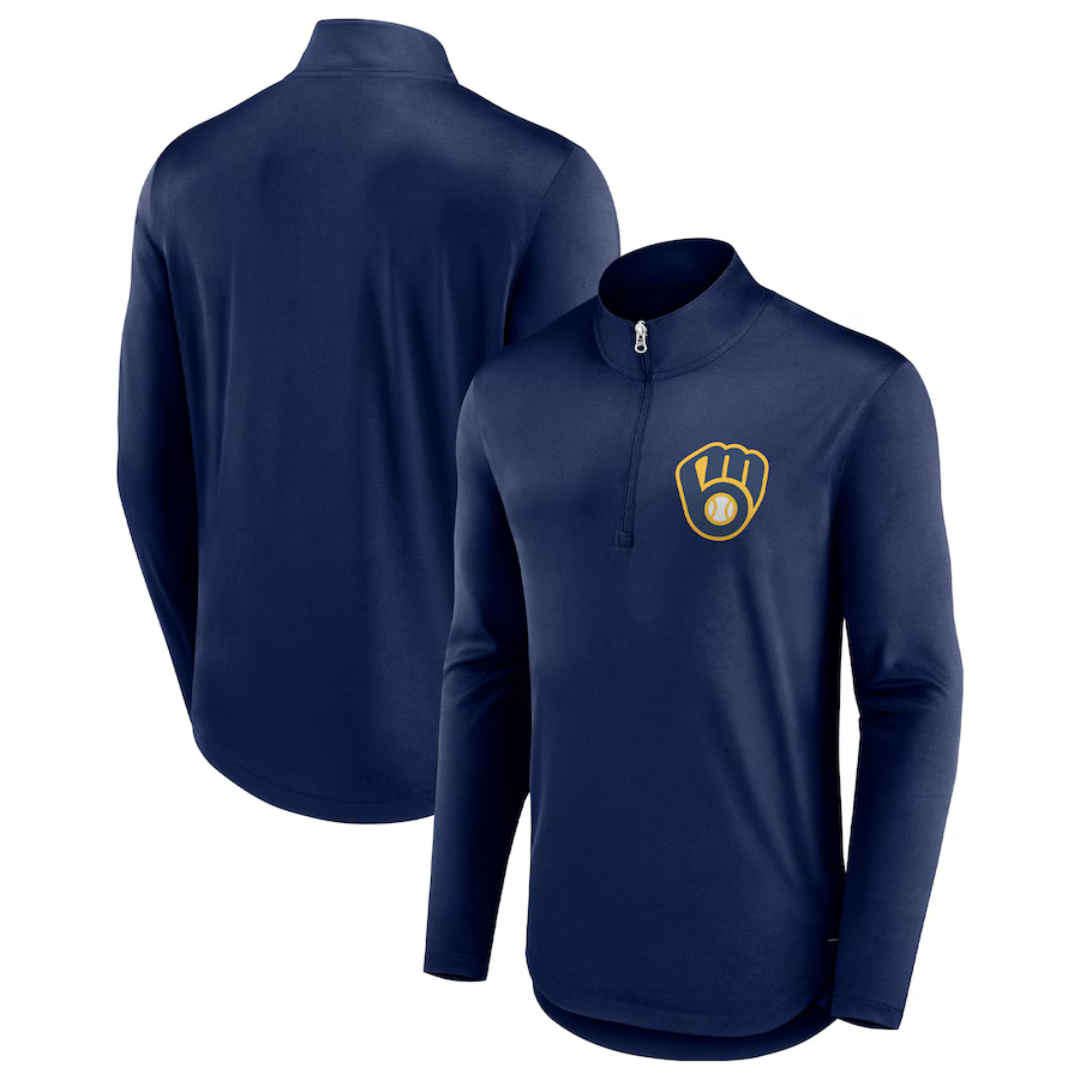 Navy blue quarter-zip pullover with a yellow and white baseball glove logo featuring a baseball design on the chest, exemplifying a sporty look. Suitable for fans or casual wear.