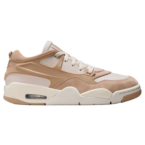 A pair of beige and white low-top sneakers with a visible air cushion in the sole, featuring a mix of leather and suede materials.