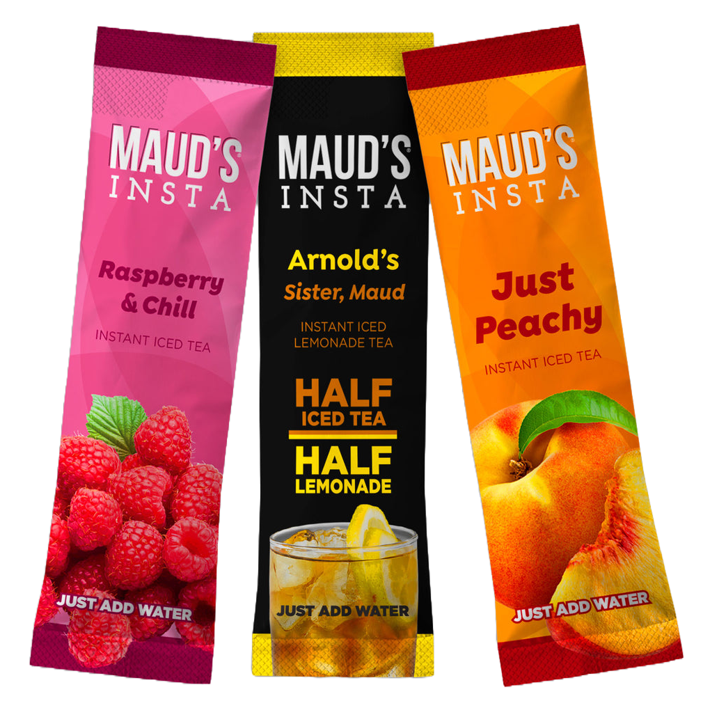 Three instant iced tea sticks: Raspberry & Chill, Arnold's Sister, Maud (Half Iced Tea, Half Lemonade), and Just Peachy.