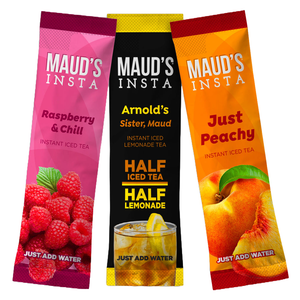 Three instant iced tea sticks: Raspberry & Chill, Arnold's Sister, Maud (Half Iced Tea, Half Lemonade), and Just Peachy.