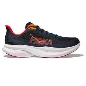 Hoka running shoe with a dark blue upper, red and yellow accents, bold Hoka logo, and a thick white cushioned sole.