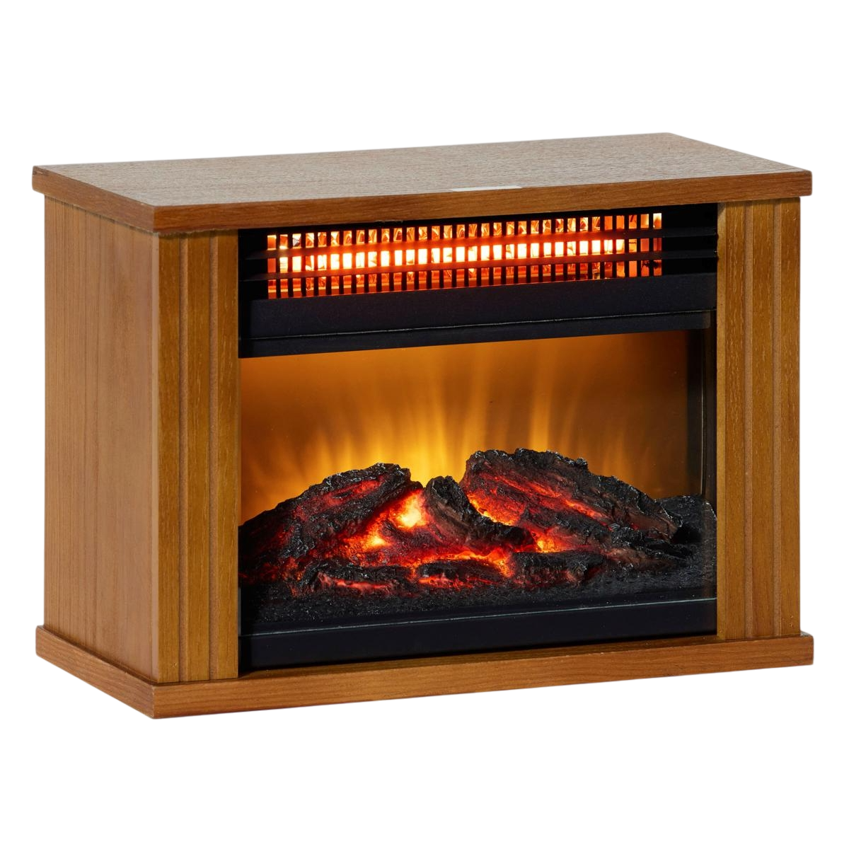 Electric fireplace heater with a wood finish, featuring realistic glowing embers and adjustable heat settings.